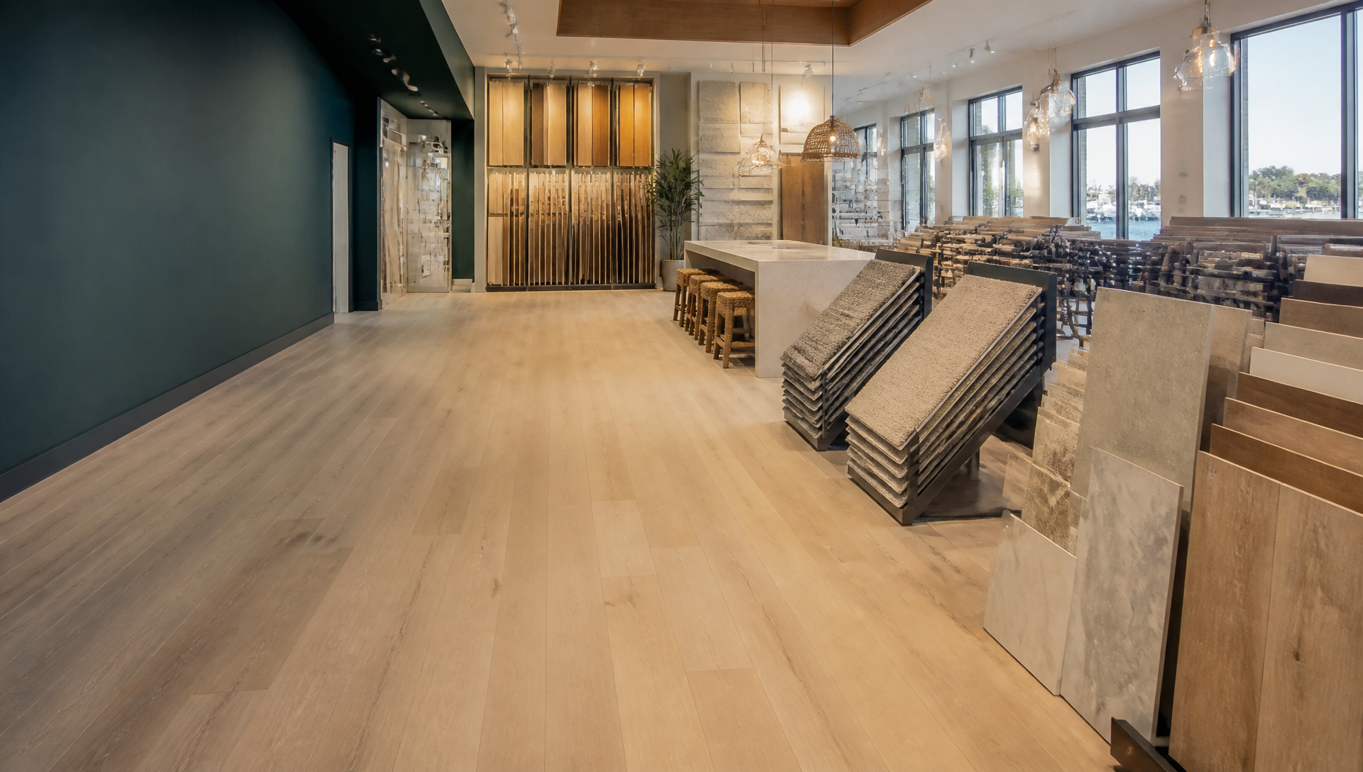 Bright Coastal Carpet & Tile inspired showroom with light oak floors and curated flooring displays